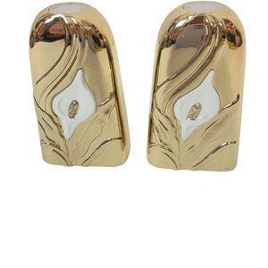 Art Nouveau Salt & Pepper Shakers Set Vtg Gold Tone White Calla Lily Decorative